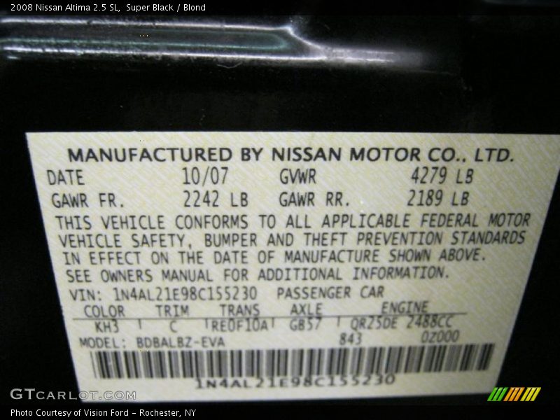 Super Black / Blond 2008 Nissan Altima 2.5 SL