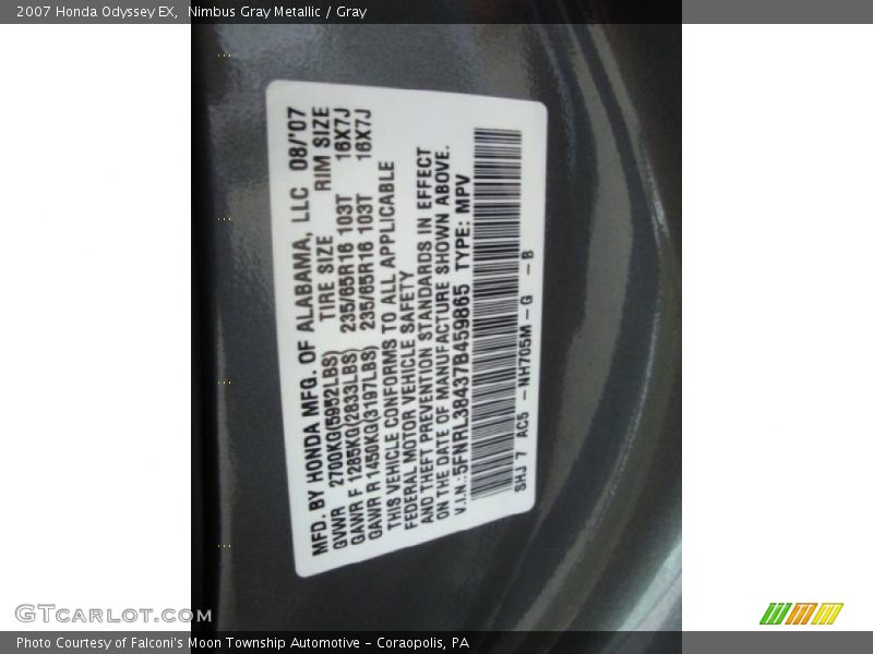 Nimbus Gray Metallic / Gray 2007 Honda Odyssey EX