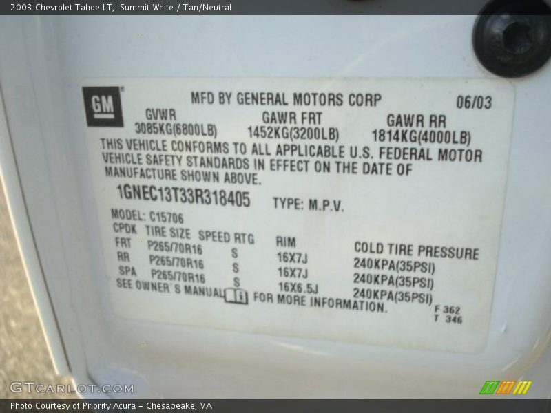 Summit White / Tan/Neutral 2003 Chevrolet Tahoe LT
