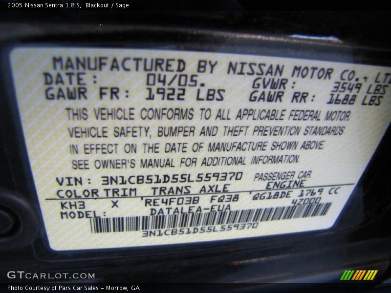 2005 Sentra 1.8 S Blackout Color Code KH3