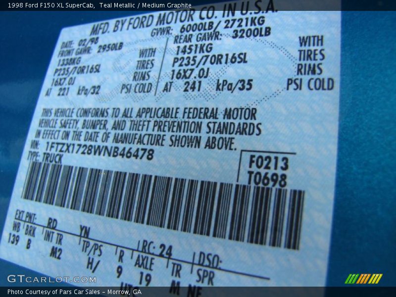1998 F150 XL SuperCab Teal Metallic Color Code RD