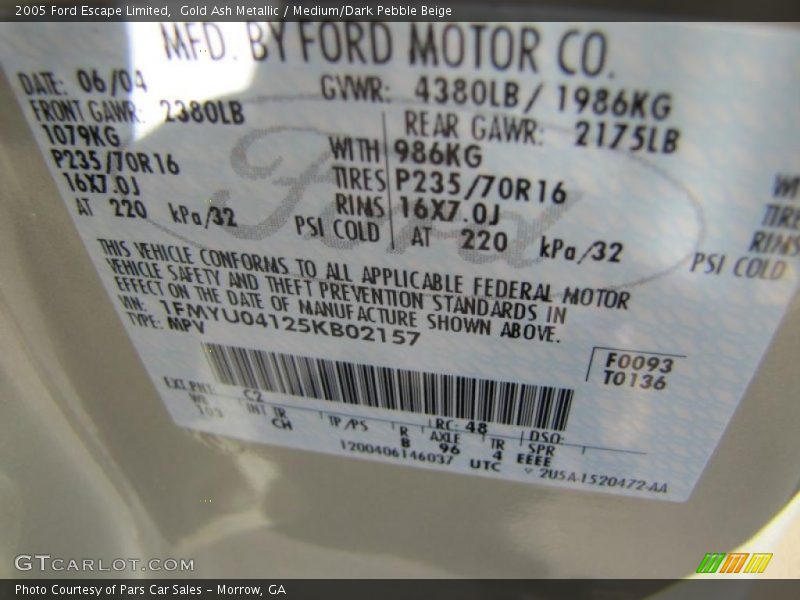 2005 Escape Limited Gold Ash Metallic Color Code C2