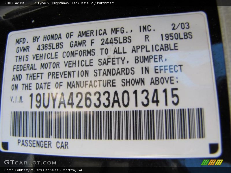 Info Tag of 2003 CL 3.2 Type S