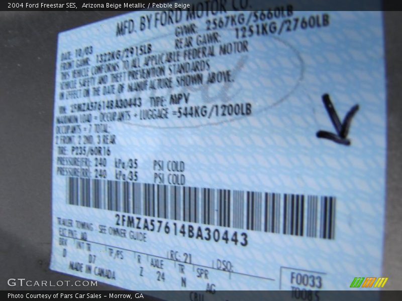 2004 Freestar SES Arizona Beige Metallic Color Code AQ