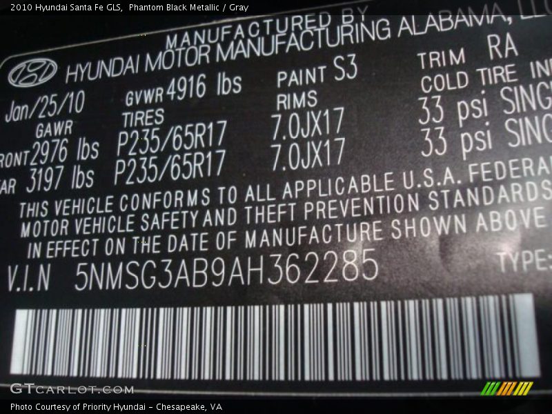 Phantom Black Metallic / Gray 2010 Hyundai Santa Fe GLS