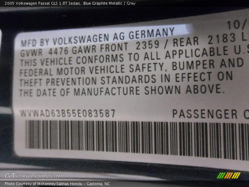 Blue Graphite Metallic / Grey 2005 Volkswagen Passat GLS 1.8T Sedan