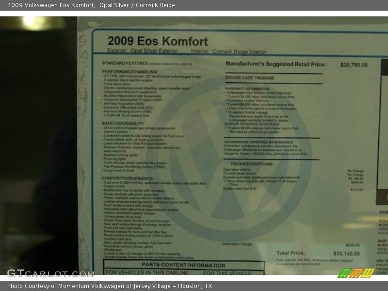 Opal Silver / Cornsilk Beige 2009 Volkswagen Eos Komfort