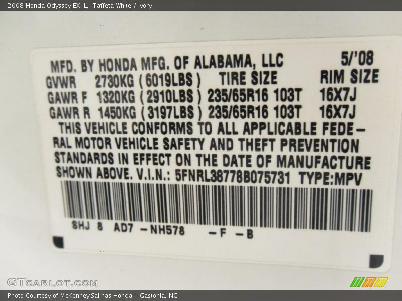 Taffeta White / Ivory 2008 Honda Odyssey EX-L