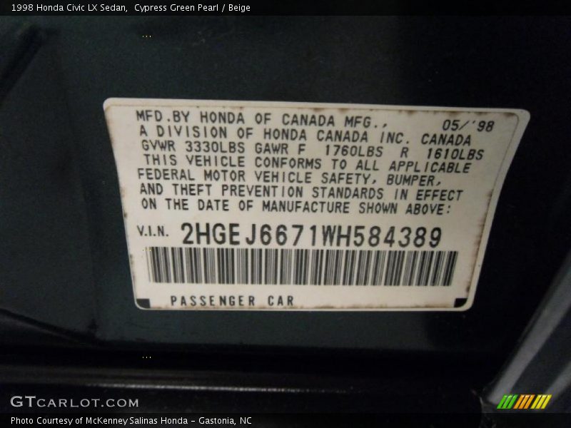 Info Tag of 1998 Civic LX Sedan