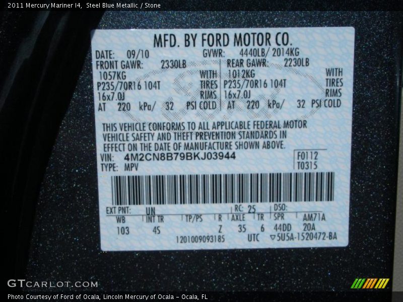 2011 Mariner I4 Steel Blue Metallic Color Code UN