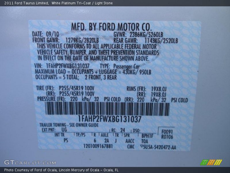 2011 Taurus Limited White Platinum Tri-Coat Color Code UG