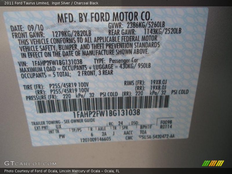 2011 Taurus Limited Ingot Silver Color Code UX