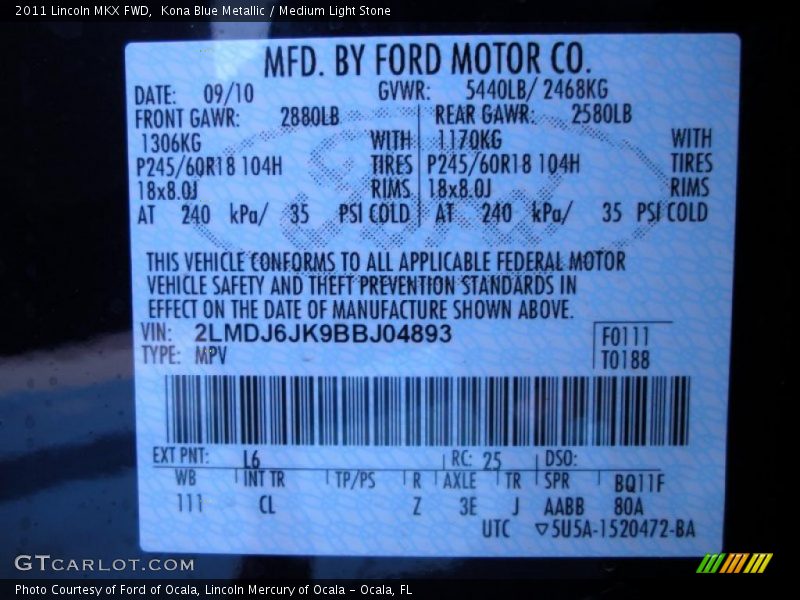 2011 MKX FWD Kona Blue Metallic Color Code L6