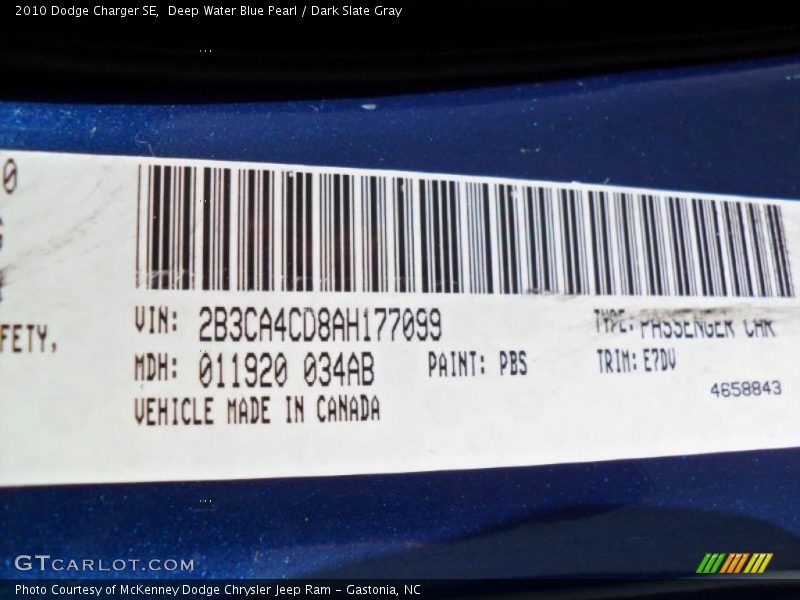 Deep Water Blue Pearl / Dark Slate Gray 2010 Dodge Charger SE