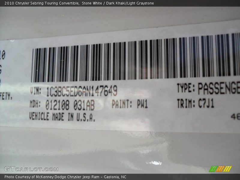 Stone White / Dark Khaki/Light Graystone 2010 Chrysler Sebring Touring Convertible