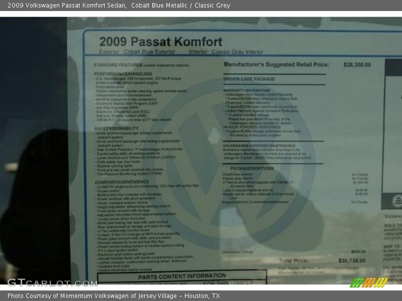 Cobalt Blue Metallic / Classic Grey 2009 Volkswagen Passat Komfort Sedan