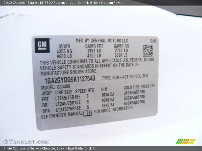 Info Tag of 2010 Express LT 3500 Passenger Van