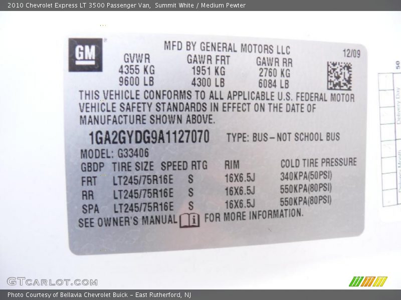 Info Tag of 2010 Express LT 3500 Passenger Van