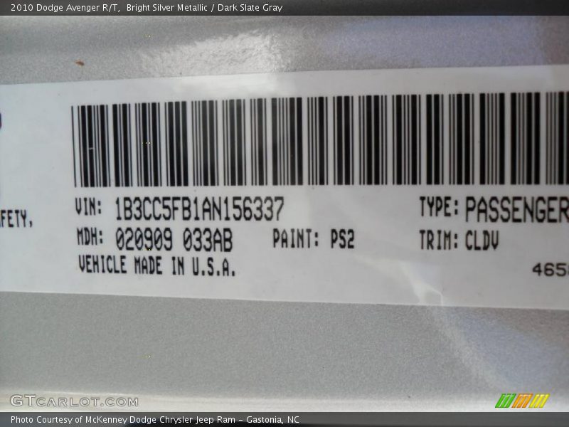 Bright Silver Metallic / Dark Slate Gray 2010 Dodge Avenger R/T