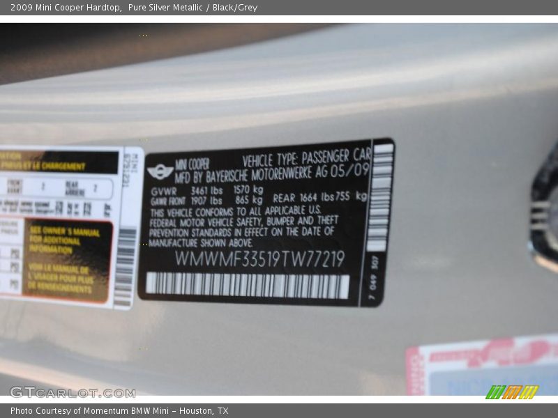 Pure Silver Metallic / Black/Grey 2009 Mini Cooper Hardtop