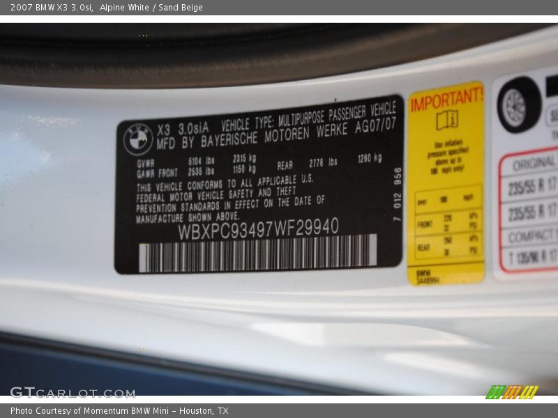 Alpine White / Sand Beige 2007 BMW X3 3.0si
