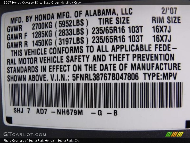 Slate Green Metallic / Gray 2007 Honda Odyssey EX-L