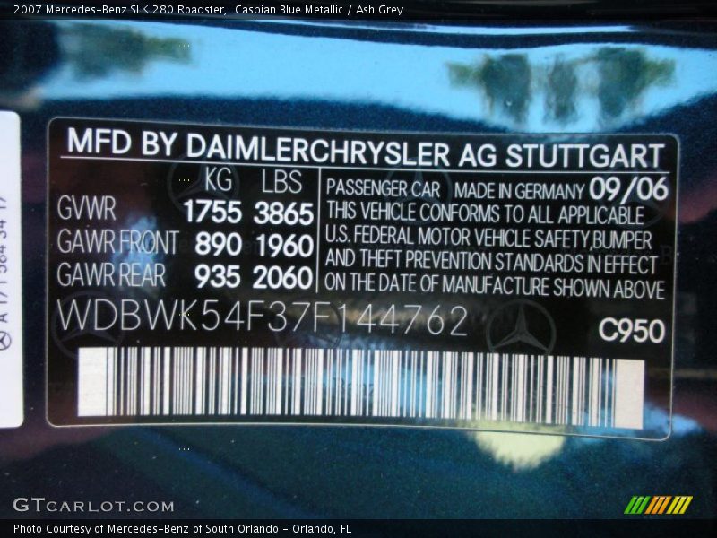 2007 SLK 280 Roadster Caspian Blue Metallic Color Code 950