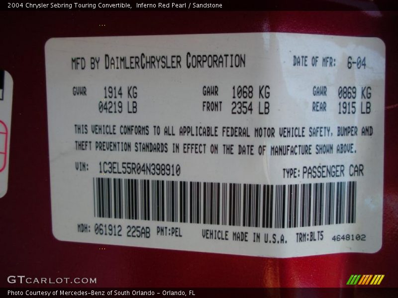 Inferno Red Pearl / Sandstone 2004 Chrysler Sebring Touring Convertible
