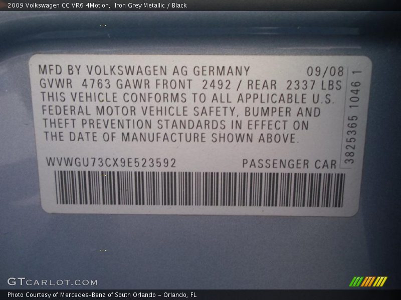 Iron Grey Metallic / Black 2009 Volkswagen CC VR6 4Motion