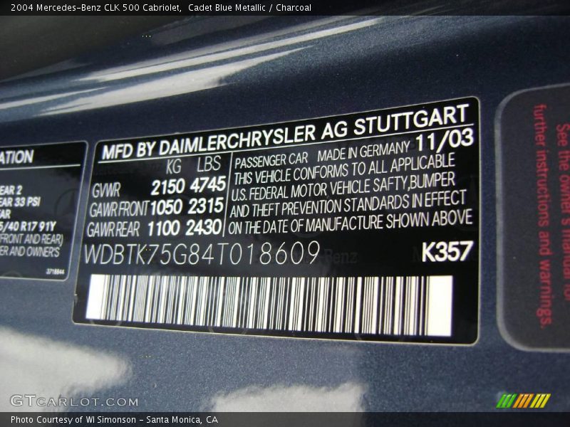 Cadet Blue Metallic / Charcoal 2004 Mercedes-Benz CLK 500 Cabriolet