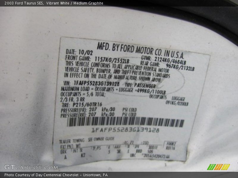 Vibrant White / Medium Graphite 2003 Ford Taurus SES