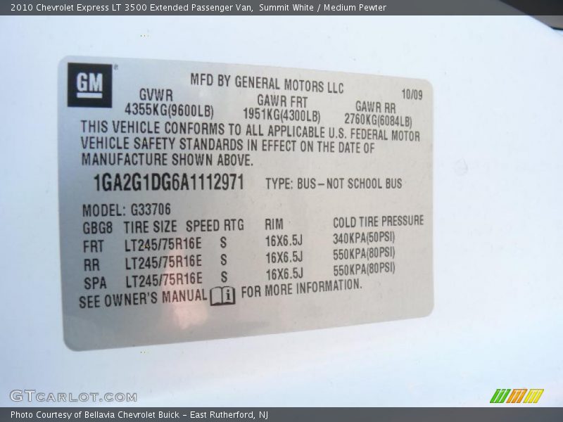 Info Tag of 2010 Express LT 3500 Extended Passenger Van