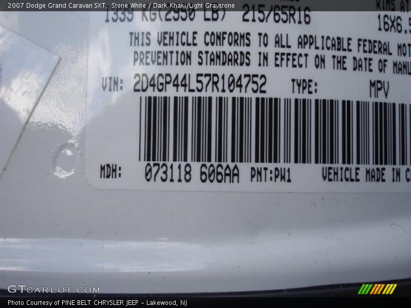 Stone White / Dark Khaki/Light Graystone 2007 Dodge Grand Caravan SXT