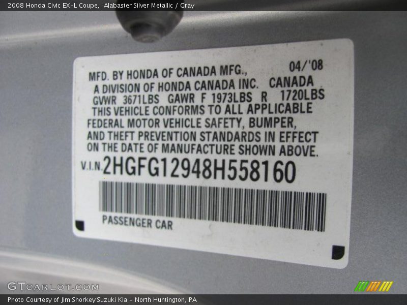 Alabaster Silver Metallic / Gray 2008 Honda Civic EX-L Coupe