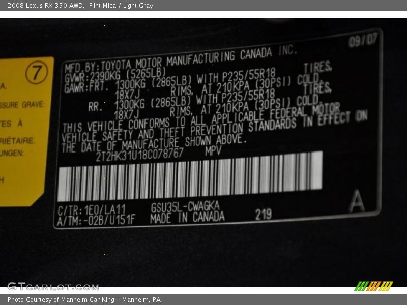 Flint Mica / Light Gray 2008 Lexus RX 350 AWD
