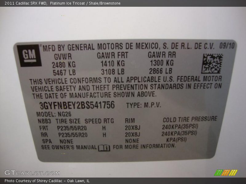 Info Tag of 2011 SRX FWD