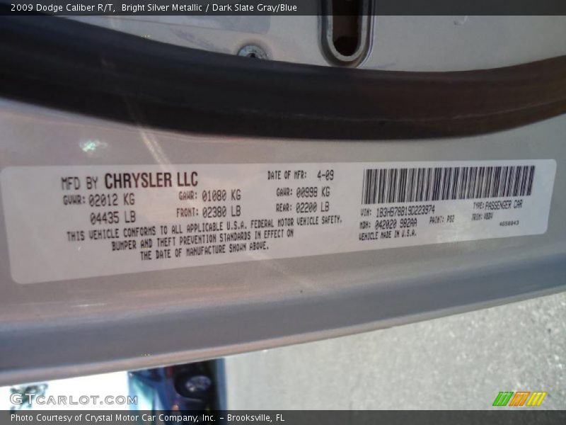 2009 Caliber R/T Bright Silver Metallic Color Code PS2