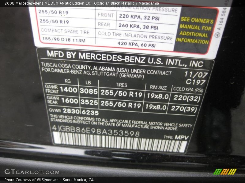 Obsidian Black Metallic / Macadamia 2008 Mercedes-Benz ML 350 4Matic Edition 10