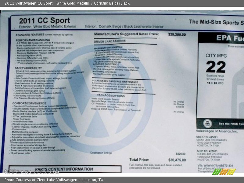 White Gold Metallic / Cornsilk Beige/Black 2011 Volkswagen CC Sport