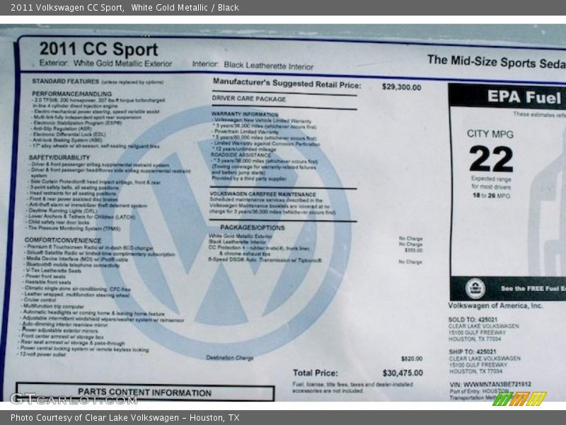 White Gold Metallic / Black 2011 Volkswagen CC Sport