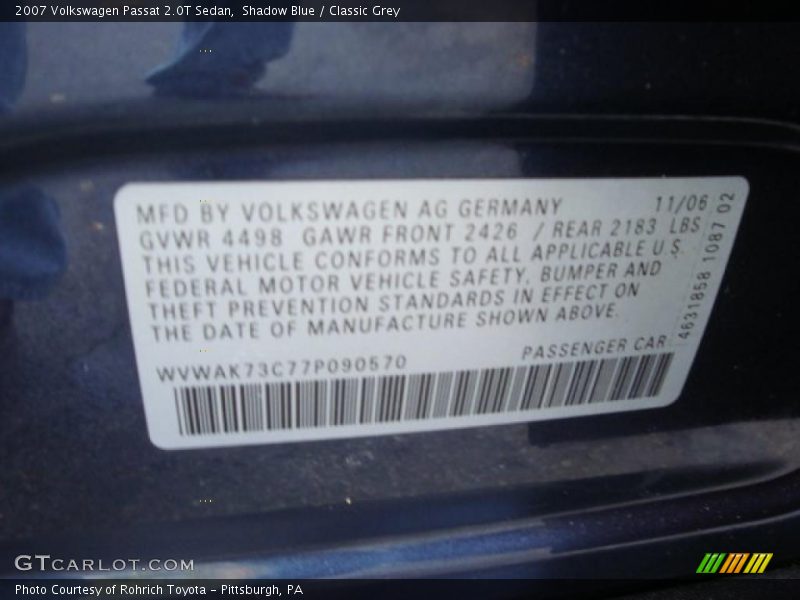 Shadow Blue / Classic Grey 2007 Volkswagen Passat 2.0T Sedan