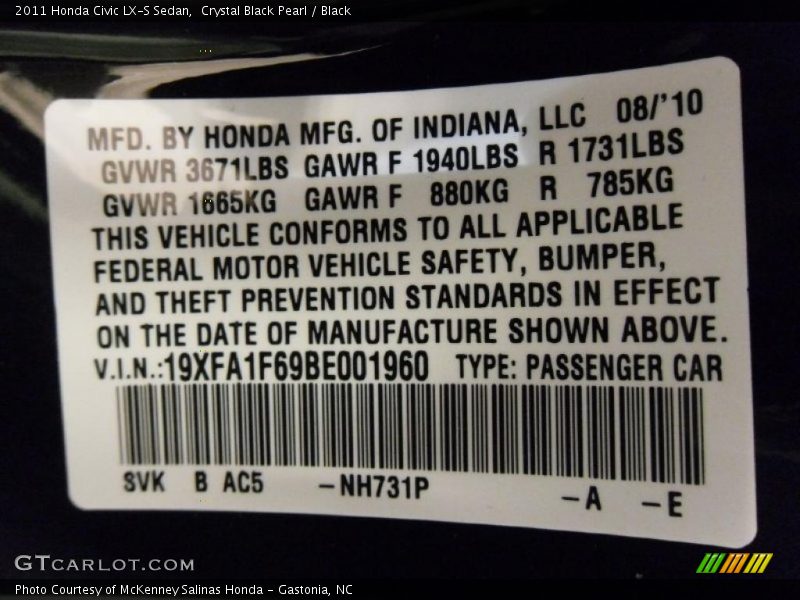 2011 Civic LX-S Sedan Crystal Black Pearl Color Code NH731P