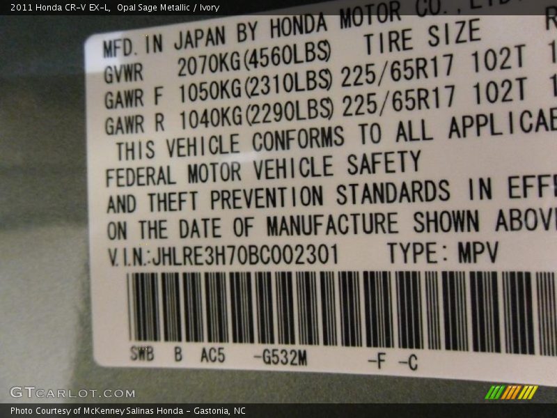 2011 CR-V EX-L Opal Sage Metallic Color Code G532M