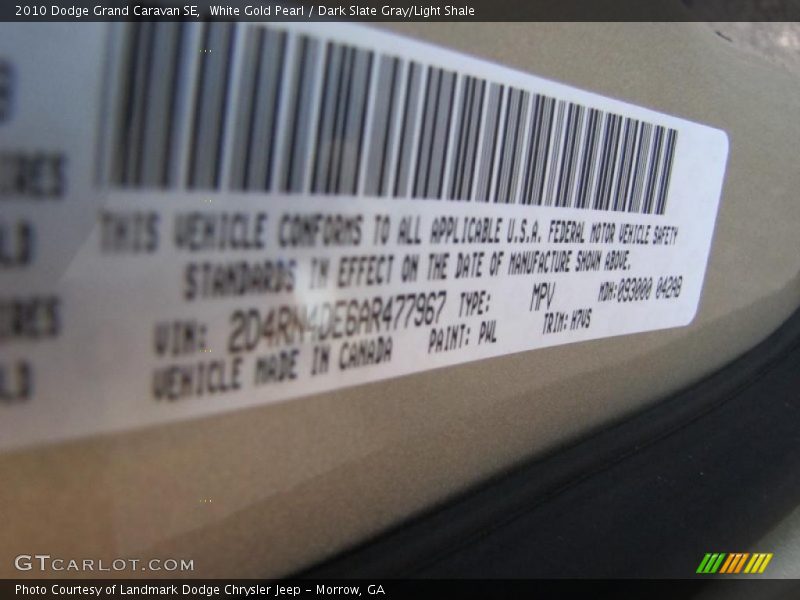 White Gold Pearl / Dark Slate Gray/Light Shale 2010 Dodge Grand Caravan SE