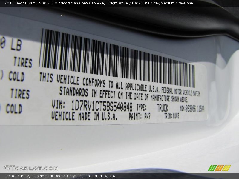 2011 Ram 1500 SLT Outdoorsman Crew Cab 4x4 Bright White Color Code PW7