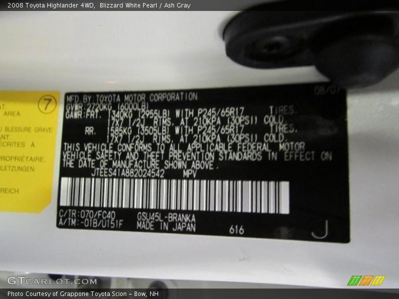Blizzard White Pearl / Ash Gray 2008 Toyota Highlander 4WD