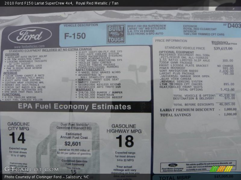  2010 F150 Lariat SuperCrew 4x4 Window Sticker