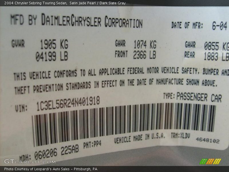 2004 Sebring Touring Sedan Satin Jade Pearl Color Code PP4