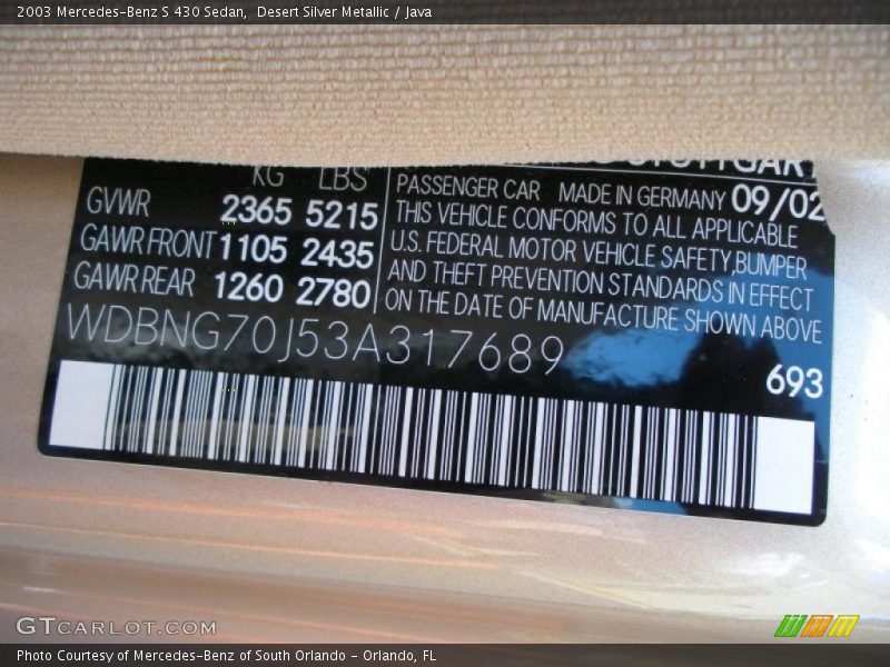 2003 S 430 Sedan Desert Silver Metallic Color Code 693