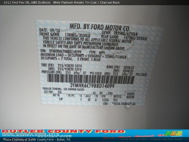 White Platinum Metallic Tri-Coat / Charcoal Black 2011 Ford Flex SEL AWD EcoBoost